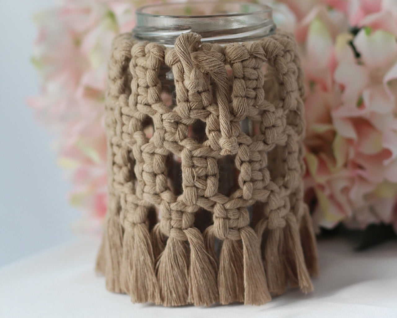 Makramee Windlicht beige